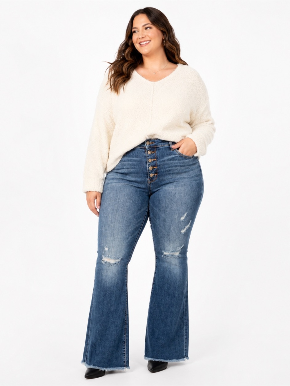 Judy Blue Button Fly High Rise Distressed Flared Medium Wash Jeans Size 11/30